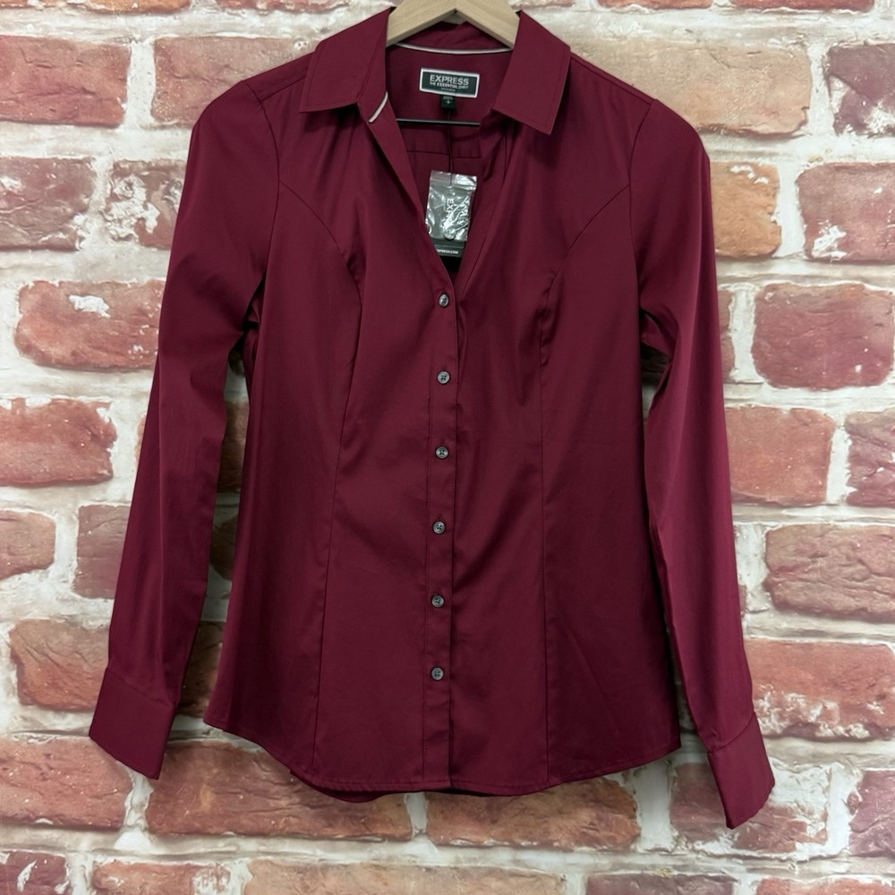 Express The Essential Shirt Women's S Burgundy Stretchy Work Office Career Top